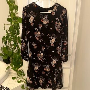LOFT Floral Black Dress Size 2 3/4 Sleeve Flounce